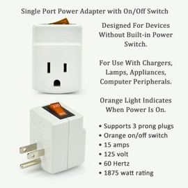 New! 3 Prong Grounded Single Port Power Adapter for Outlet with Orange Indicator On/Off Switch to be Energy Saving (1 Pack)