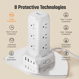Surge Protector Power Strip Tower with 4 USB Ports 9 Outlets, 15ft Extension Cord, 1800J Protection Desktop Charging Station for Office School Dorm Room Essentials, White