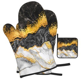 Marble Texture Decorative Oven Mitts and Pot Holders Sets of 3 Black Gold and Grey Hot Pads Oven Gloves Heat Resistant Non Slip Washable for Kitchen Cooking Grilling Baking