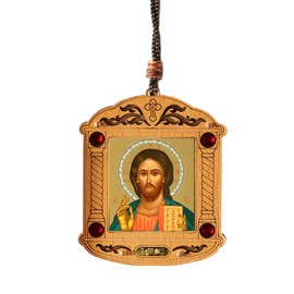 Image of Jesus Christ The Teacher Icon Pantocrator Wooden Icon Shrine for Home Car Room as Christmas Ornament on Rope with Crystal Incense 3 Inch, Religious Gifts