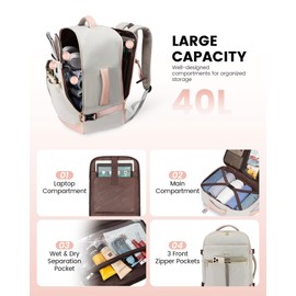 LOVEVOOK Carry On Backpack, 40L Travel Backpack Women with 3 Packing Cubes, TSA Airline Approved Suitcase Bag as Personal Item, Waterproof 17 inch Laptop Backpack for Weekender Overnight,Grey Pink