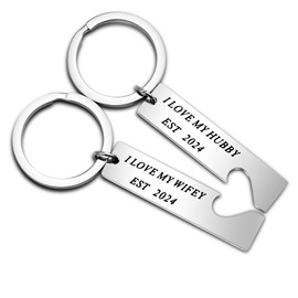 BNQL Newlyweds Gifts Hubby Wifey Est 2024 Keychain Set Husband and Wife Wedding Gifts Bride and Groom to be Gifts (SILVER)