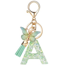 Cute Initial Letter Keychains with Butterfly Tassel, Green Alphabet Key Chains Pendant Key Ring for Wallet Backpacks Bag (A)