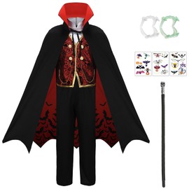 Velmawig VL005-M Children's Vampire Costume Boys Gothic Royal Medieval Gothic Cosplay Outfit for Carnival Birthday Party with Deluxe Accessories Vampire Cane Glow in the Dark Sticker Teeth