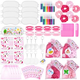 72 PCS Spa Sleepover Party Supplies for Girls Bulk-DIY Sleep Eye Masks,Scrunchies,Pink Velvet Headband,Combs,Keychains Graffiti Mirrors,Marker Pens, Stickers,Thank You Cards,Organza Bags for Slumber
