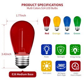 24Pack S14 Colored LED String Light Bulbs,1Watt Plastic Shatterproof Waterproof Outdoor Indoor Replacement Bulbs for Home Decor, E26 Medium Base, Multi-Color: Red/Green/Blue/Orange