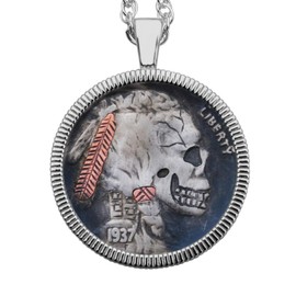 US 1937 Indian Head Buffalo Carved Skull Zombie Copper Inlay Feather & Hair Tie Knot Hobo Nickel Antique Finish Coin Solid 925 Sterling Silver Necklace - Ugly Teeth