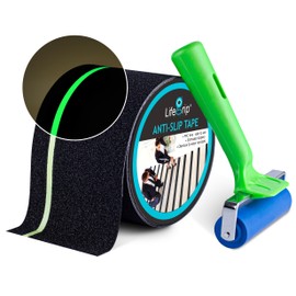 Anti Slip Traction Tape with Glow in Dark Green Stripe and Free Application Roller, 4 Inch x 30 Foot - Best Grip, Friction for Stairs, Tread Step, Black (4 inch X 30 feet Tape + Roller)