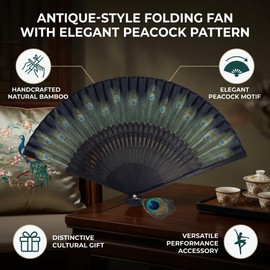 Bamboo Folding Fan Peacock Pattern Vintage Oriental Style Chinese Gift Decoration for Home Wedding Party Oriental Decor Item with Handcrafted Bones 180cm Asian Style Fan