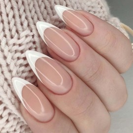 30Pcs Almond False Nails - French Tip False Nails - Nude Natural French Style Almond Press on Nails - Medium Length Glossy Full Cover Glue on Nails - Removable Nails DIY Nail Art