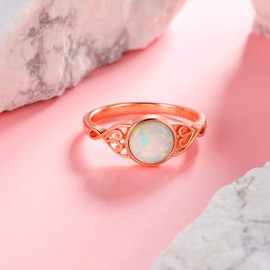 Gemsme 925 Sterling Silver Ring for Women 14K Rose Gold Plated 6MM Round Cut Created Opal White Opal Band Rings Engagement Promise Ring Jewelry Size 10