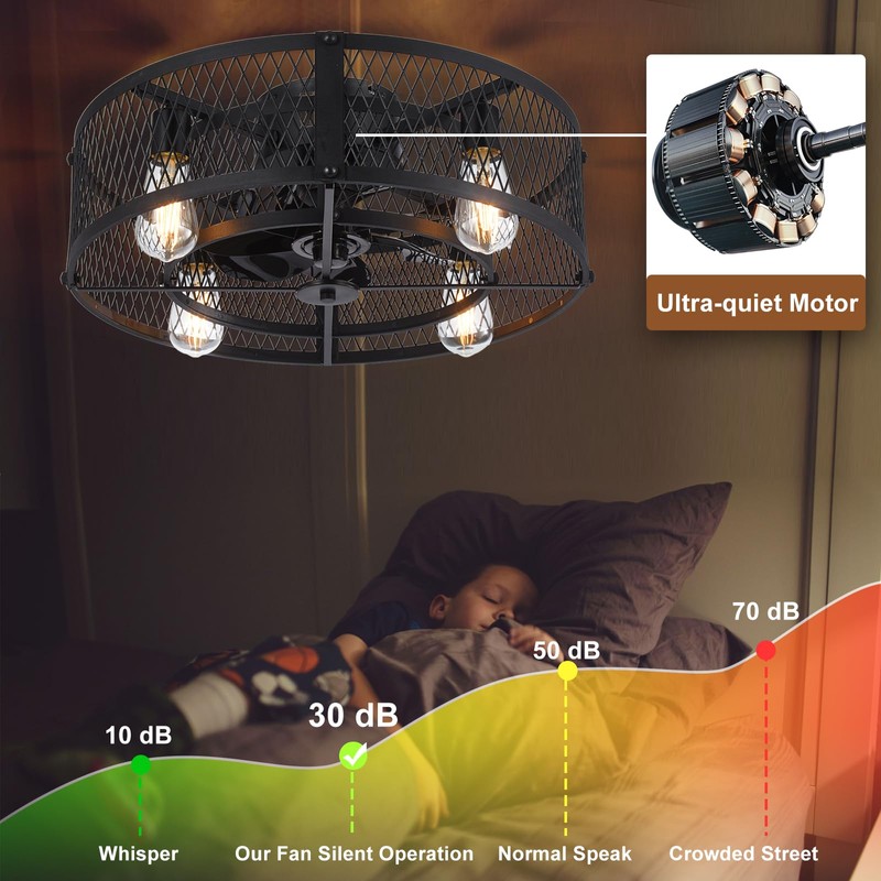 Depuley Caged Ceiling Fan with Light: 20" Flush Mount Ceiling
