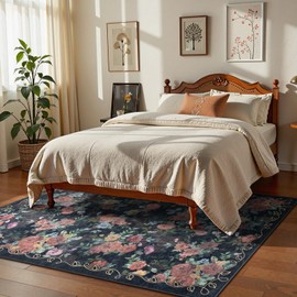 Lahome Black Rugs for Living Room,Vintage Machine Washable Rugs 5x7,Boho Floral for Bedroom Area Rug, Dark Rug Low Pile Ultra-Thin Large Carpet for Dining Room Office Playroom (5'X7',Black)