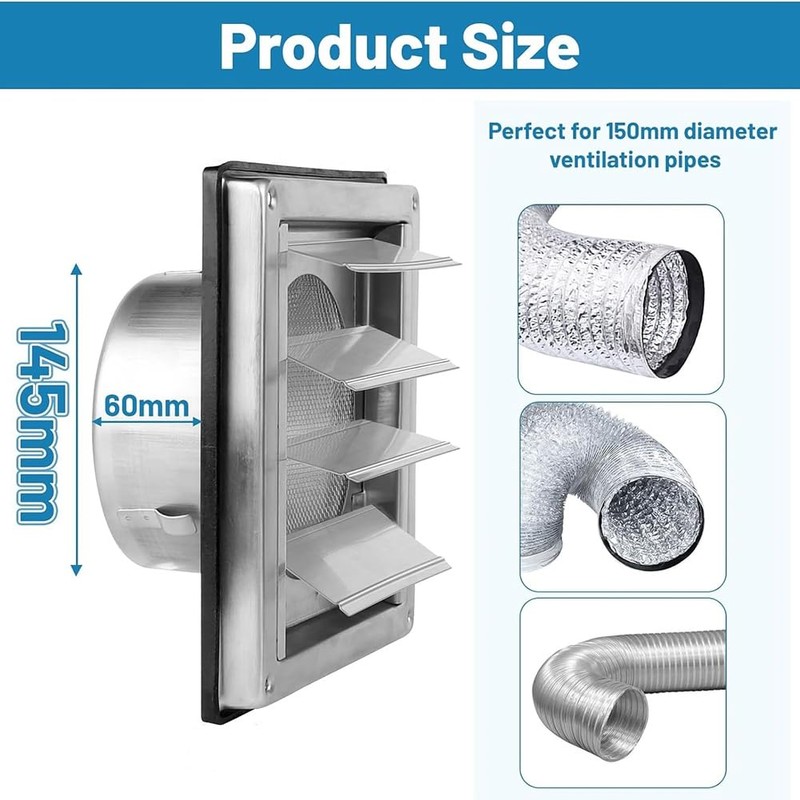 Ventilation Grille 150mm Stainless Steel Air Vents Cover, Louvered Grille