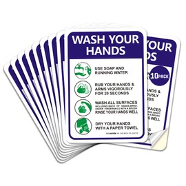 Hand Washing Sticker, 10 Pack 10" x 7" Please Wash Your Hands Decals, Self-Adhesive Vinyl, Employee Sign, Indoor & Outdoor