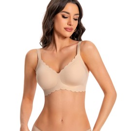ANGOOL V Neck Seamless Bralette for Women Full Coverage Wireless Padded Bra No Underwire Non Removable Pads Push Up Bras, Beige, M