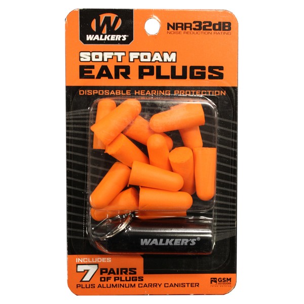 Walker's 7 Pairs Neon Orange Foam Ear Plugs with Black Aluminum Canister