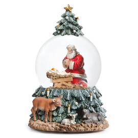 Roman 7.5" H Kneeling Santa Musical Rotating 100mm Glitterdome, Tabletop Christmas Decoration
