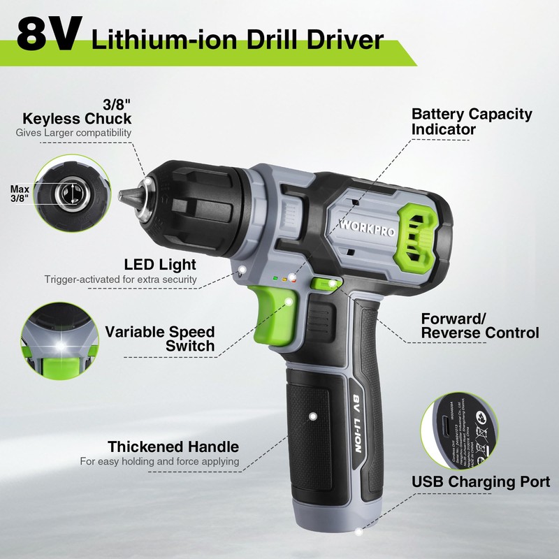 WORKPRO 8V Cordless Drill Driver Kit with 53pcs Bit Set,