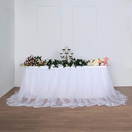 17FT Extra Long 48" Two Layered Tulle & Satin Table Skirt - White | White