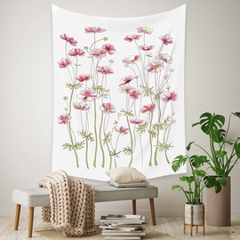 Shukqueen Pink Flowers Tapestry Green Leaves White Wall Tapestry Wall Hanging for Bedroom Living Room Dorm Decor - 59.1 x 78.7 inches(150x200 cm)
