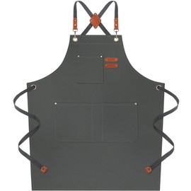 Riqiaqia Grey Chef Apron for Men Women, Water-Resistant Cotton Canvas Cross Back Apron with Large Pockets
