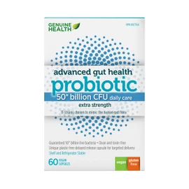 Genuine Health Advanced Gut Health Extra-Strength Probiotic, 60 count, 50 Billion CFU, Natural daily gut health and digestive support, 15 diverse and balanced strains per capsule, Dairy, soy & gluten-Free, Non-GMO, Vegan