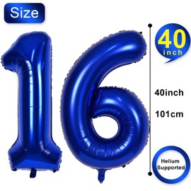 Number 16 Balloons, Navy Blue 16 Number Balloons, 40 Inch Blue 16 Balloons Self Inflating, Large Foil Mylar Helium Blue Digital Balloons for 1st 6th 16nd Birthday Anniversary Party Decorations