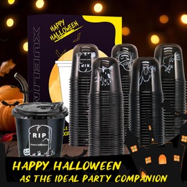 Xuelimei 12oz Halloween Disposable Plastic Cups With Strawless Sip Lids-Happy Halloween Disposable Clear Cups with 5 Styles for Party Supplies，Coffee, Beer, Drinks, Ice Cream, Snacks (100)