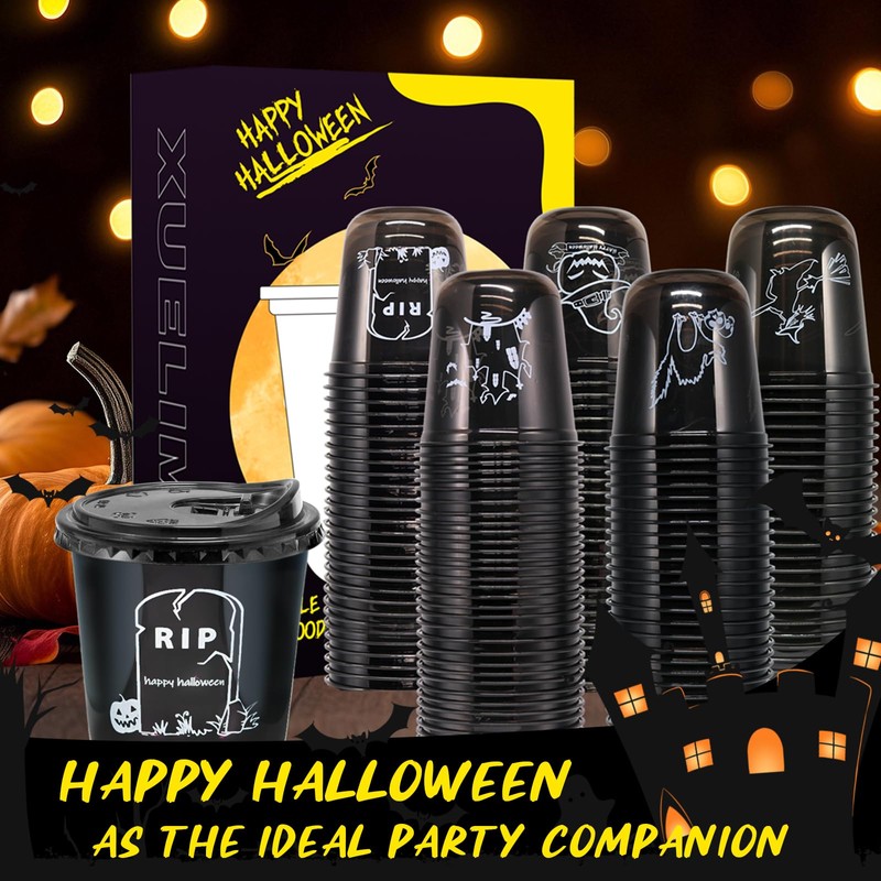 Xuelimei 12oz Halloween Disposable Plastic Cups With Strawless Sip Lids-Happy