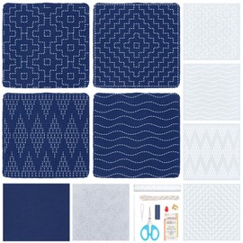 ORIGACH 4 Set DIY Sashiko Coaster Kit with Plastic Stencils for Beginners Adults, Easy Sashiko Embroidery Coaster Making Kit with Template, Instructions, Thread, Needles, Fabric
