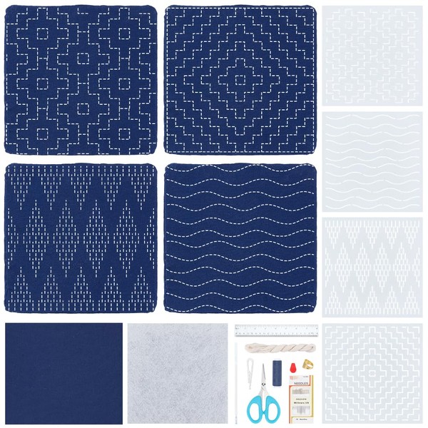 ORIGACH 4 Set DIY Sashiko Coaster Kit with Plastic Stencils
