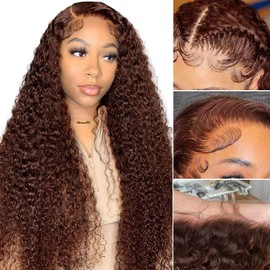 LZGYE 28 Inch 13x6 Chocolate Brown Deep Wave Lace Front Wigs Human Hair #4 Colored Lace Frontal Wig For Women 13x6 Dark Brown Curly Wig Human Hair Pre Plucked With Baby Hair 220% Density