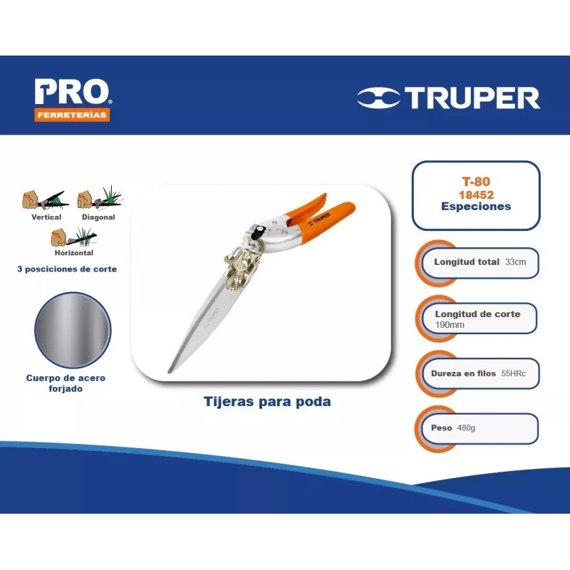 Truper Tijera Para Podar Pasto T-80 3 Posiciones De Corte