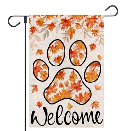 FUYUCHEN Welcome Fall Garden Flag 12x18 Inch Double Sided Outside Maple Leaves Paw Print Small Burlap Flag Outside Autumn Holiday Seasonal Yard Outdoor Decoration