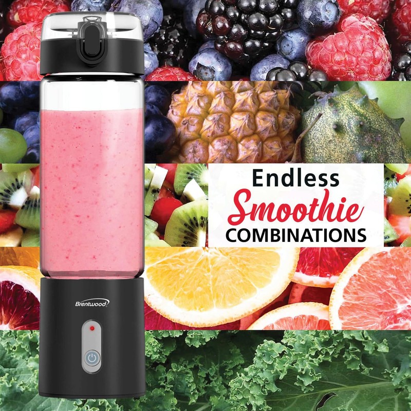 Brentwood 50-Watt 17-Oz. Portable Battery-Operated USB-Chargeable Glass Blender (Black)