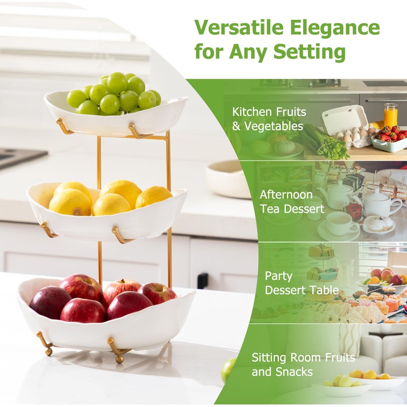 HBlife Fruit Bowl for Kitchen Counter - 3 Tier Ceramic