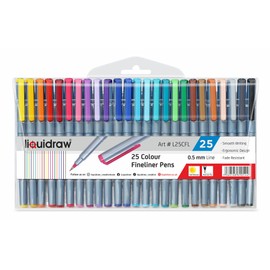 Liquidraw 25 Fineliner Colouring Pens Set Fine Point Pens 0.5mm Assorted Colours, Fineliners Coloured Pens, School, Office, Artists, Architects, Technical Drawing, Handwriting, Calligraphy & Sketching