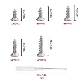 Roosea Pack of 1000 Small Self-Tapping Screws Metal M2 Wood Screws Mini Phillips Screws Flat Head Tapping Screws Set with Screwdriver, Silver, 5-10 mm