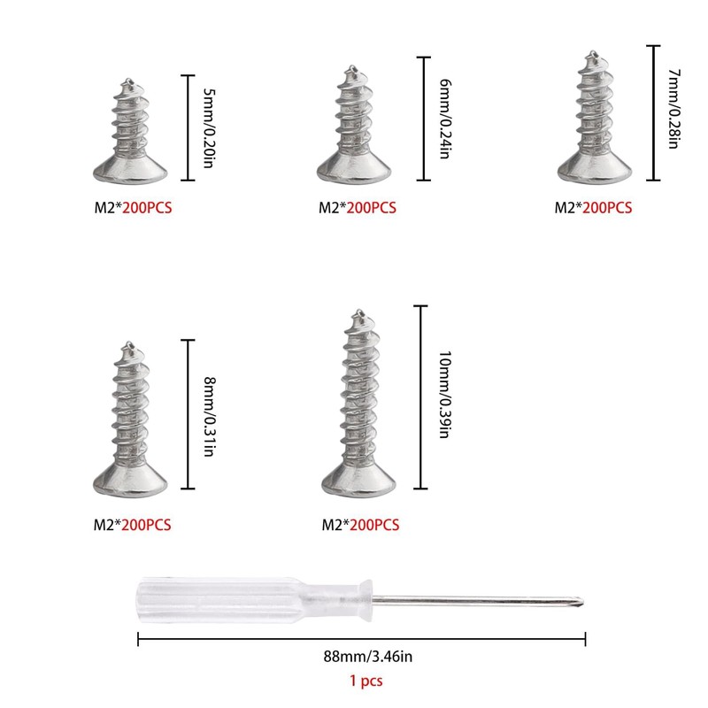 Roosea Pack of 1000 Small Self-Tapping Screws Metal M2 Wood