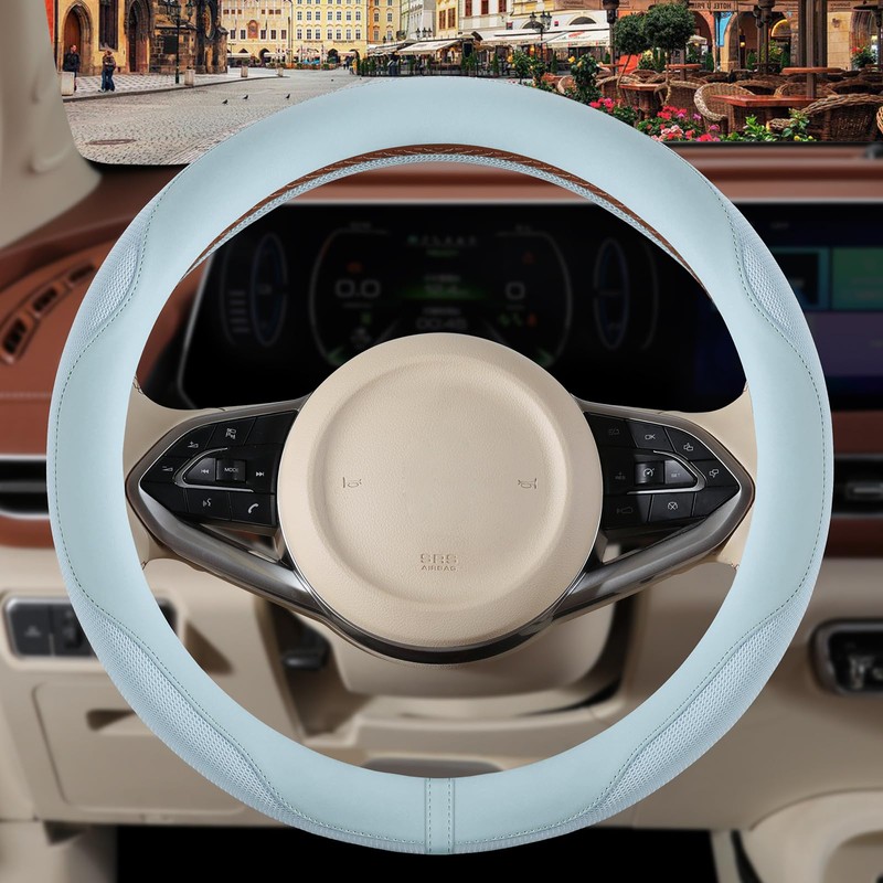 Binsheo Nappa Leather Blue Steering Wheel Cover, Advanced Microfiber Leather