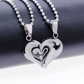 Uloveido Couples Stainless Steel Half Heart Pendant Necklace I Love You Puzzle Matching Necklaces Set SN102, Brass, Cubic Zirconia