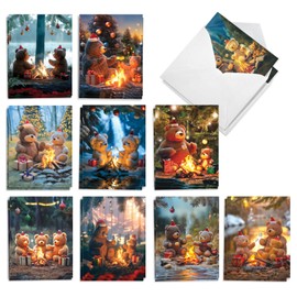 The Best Card Company 20 Assorted Christmas Notes Bulk Box Set 4 x 5.12 Inch with Envelopes (10 Designs, 2 Each) Camping Bears AM8726XSG-B2x10