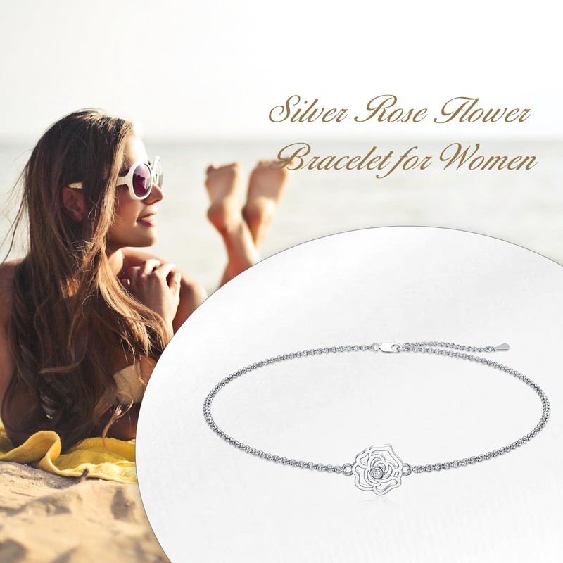 Rose Flower Ankle Bracelet for Women, 925 Sterling Silver Charm