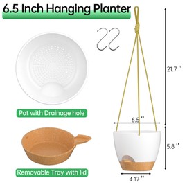 ZMTECH 6.5 Inch Hanging Planters for Indoor Outdoor Plants, 2 Pack Self Watering Hanging Plant Pots with Drainage Holes and Removable Saucer, Plastic Flower Hanging Pots with Watering Lip (White)