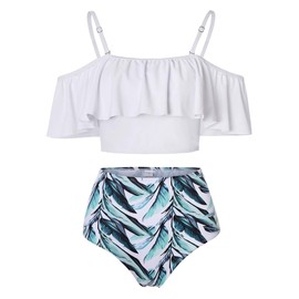 Kaei&Shi Strapless,Strappy Swimwear,Flower High Waisted Flounce Bikini Set,Tummy Control Swimsuits for Women,Off Shoulder Bathing Suit White Small