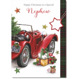 doodlecards Nephew Christmas Card Red Vintage Car Medium Size Christmas Card for Nephew with Plain Envelope