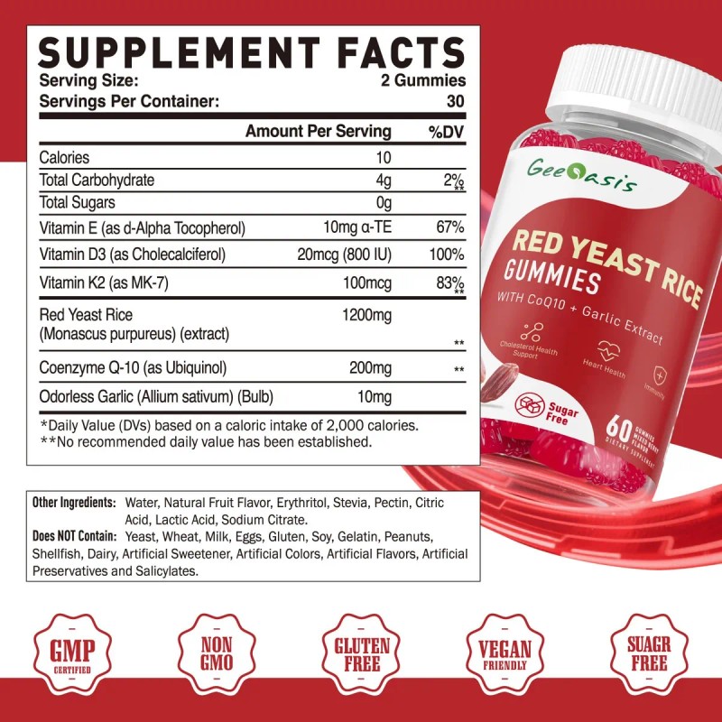 Geeoasis Red Yeast Rice Con Coq10 Gomitas Sin Azúcar