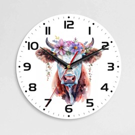 ENUIEO Wall Clock, 10 Inch Silent Non-Ticking Home Kitchen Decor, Battery Operated for Bathroom Bedroom Living Room Office(Highland Cows Flowers)