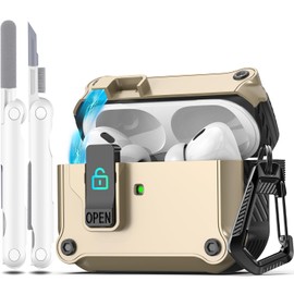 R-fun Compatible with AirPods Pro 2nd Generation 2023(USB-C),2022(Lightning Cable),1st Gen 2019 Charging Case, Full Drop Protection Auto Pop-Up Lid Design with Cleaner Kit,Black/Golden